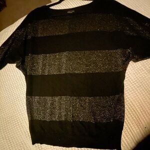 Express Women's Black and Silver Disco inspired Striped Sweater